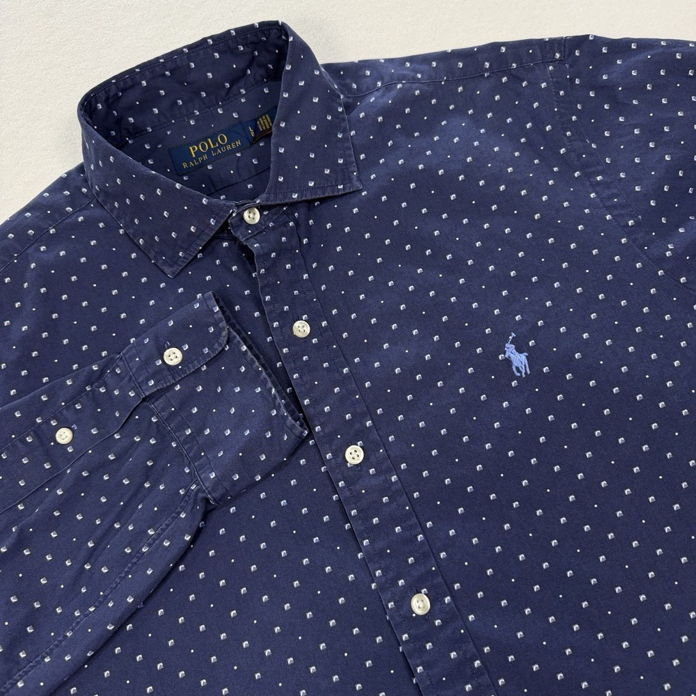 Polo Ralph Lauren Mens Large Blue Geometric Print Long Sleeve Button Down Shirt